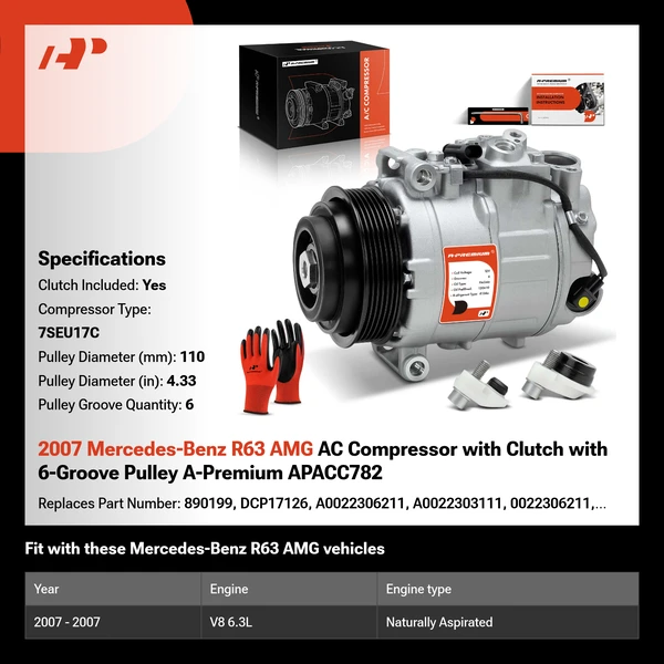 2007 Mercedes-Benz R63 AMG AC Compressor with Clutch with 6-Groove Pulley A-Premium APACC782