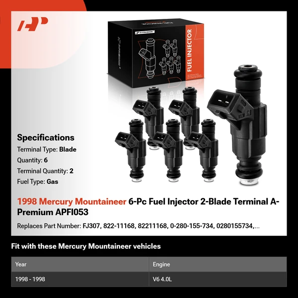 1998 Mercury Mountaineer 6-Pc Fuel Injector 2-Blade Terminal A-Premium APFI053