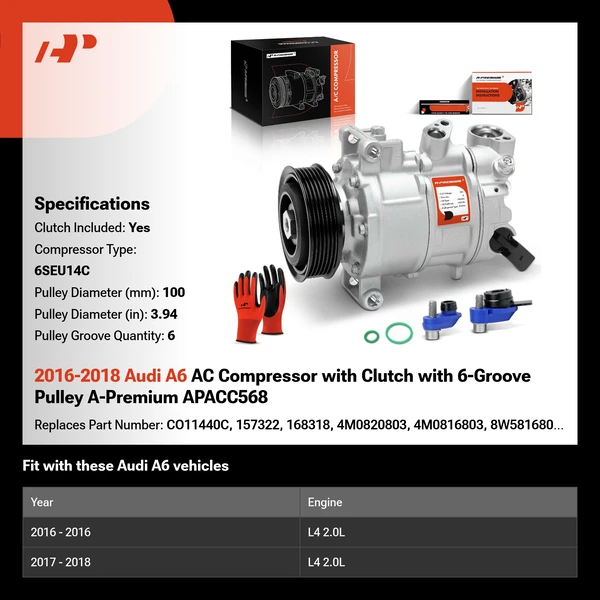 2016-2018 Audi A6 AC Compressor with Clutch with 6-Groove Pulley A-Premium APACC568