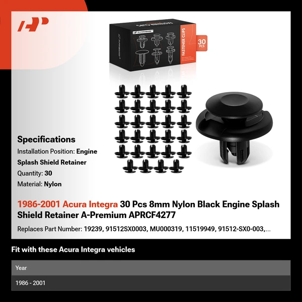 1986-2001 Acura Integra 30 Pcs 8mm Nylon Black Engine Splash Shield Retainer A-Premium APRCF4277