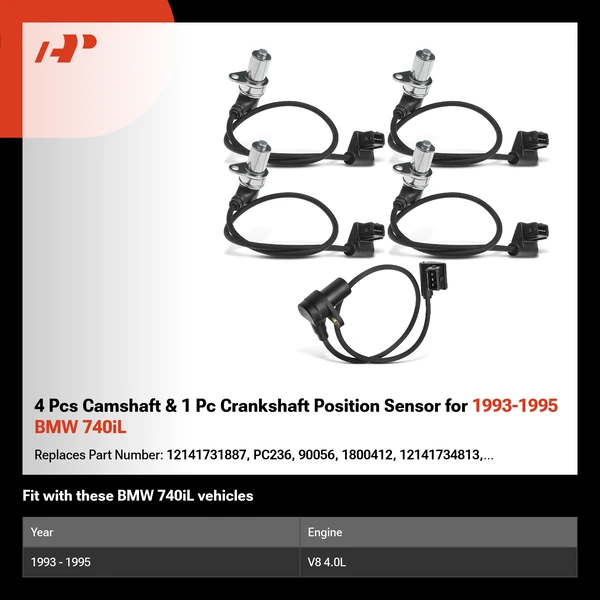 4 Pcs Camshaft & 1 Pc Crankshaft Position Sensor for 1993-1995 BMW 740iL