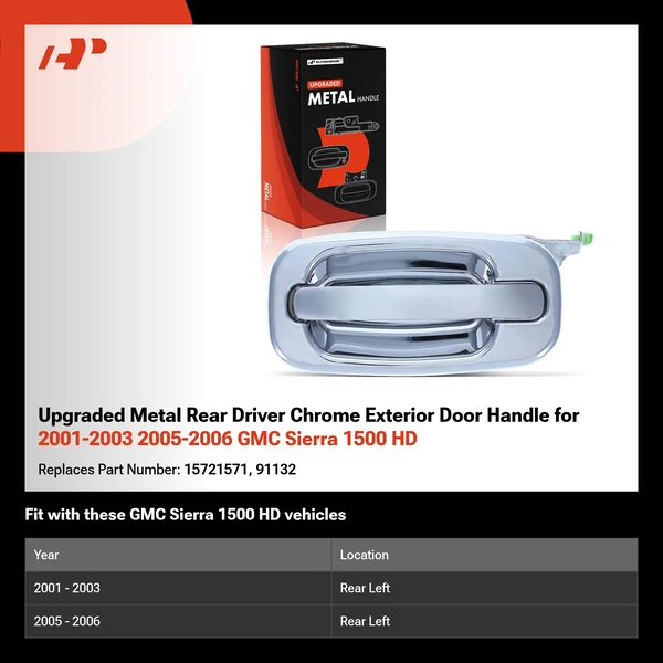 Upgraded Metal Rear Driver Chrome Exterior Door Handle for 2001-2003 2005-2006 GMC Sierra 1500 HD