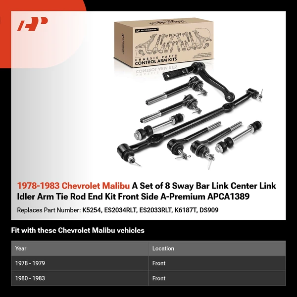 1978-1983 Chevrolet Malibu A Set of 8 Sway Bar Link Center Link Idler Arm Tie Rod End Kit Front Side A-Premium APCA1389