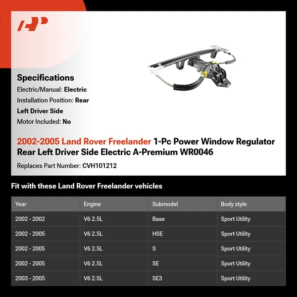 2002-2005 Land Rover Freelander 1-Pc Power Window Regulator Rear Left Driver Side Electric A-Premium WR0046