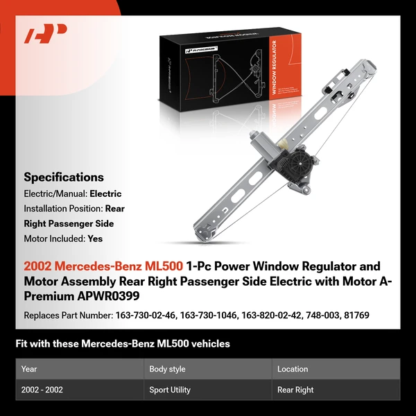 2002 Mercedes-Benz ML500 1-Pc Power Window Regulator and Motor Assembly Rear Right Passenger Side Electric with Motor A-Premium APWR0399