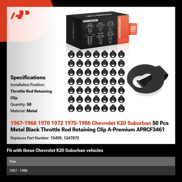 1967-1968 1970 1972 1975-1986 Chevrolet K20 Suburban 50 Pcs Metal Black Throttle Rod Retaining Clip A-Premium APRCF3461