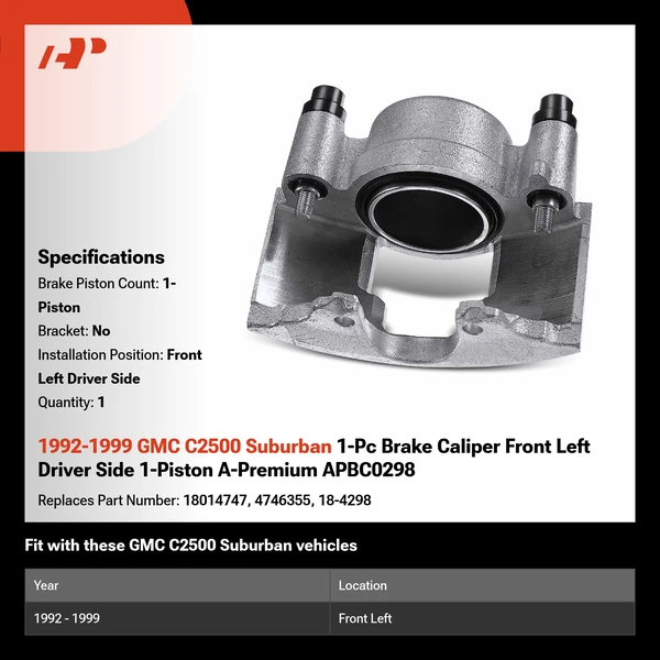 1992-1999 GMC C2500 Suburban 1-Pc Brake Caliper Front Left Driver Side 1-Piston A-Premium APBC0298