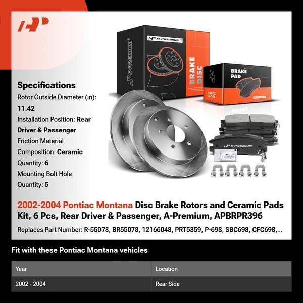 2002-2004 Pontiac Montana Disc Brake Rotors and Ceramic Pads Kit, 6 Pcs, Rear Driver & Passenger, A-Premium, APBRPR396