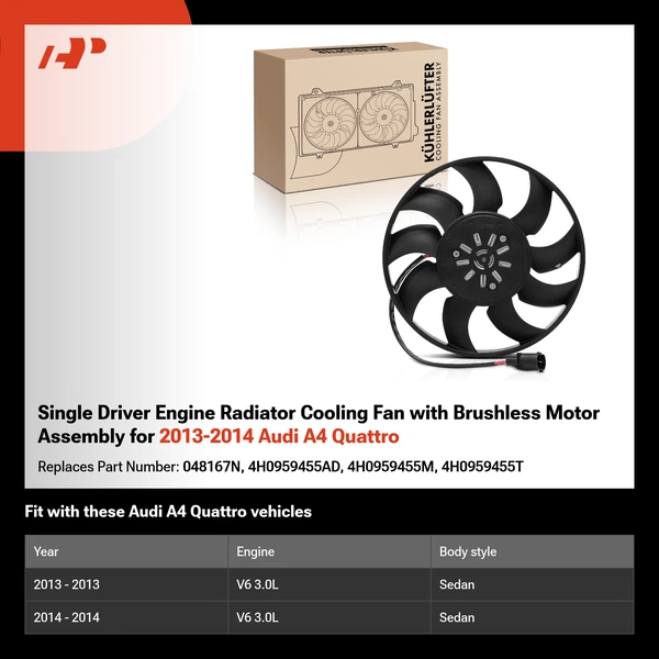 Single Driver Engine Radiator Cooling Fan with Brushless Motor Assembly for 2013-2014 Audi A4 Quattro