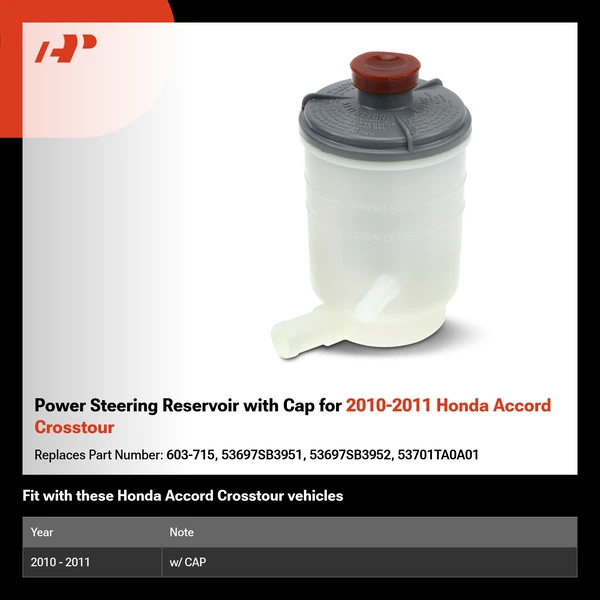 Power Steering Reservoir with Cap for 2010-2011 Honda Accord Crosstour