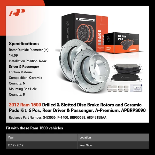 2012 Ram 1500 Drilled & Slotted Disc Brake Rotors and Ceramic Pads Kit, 6 Pcs, Rear Driver & Passenger, A-Premium, APBRPS090