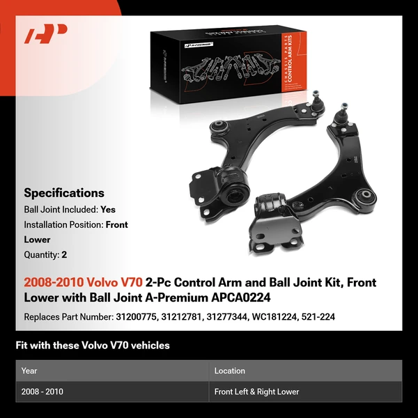2008-2010 Volvo V70 2-Pc Control Arm and Ball Joint Kit, Front Lower with Ball Joint A-Premium APCA0224