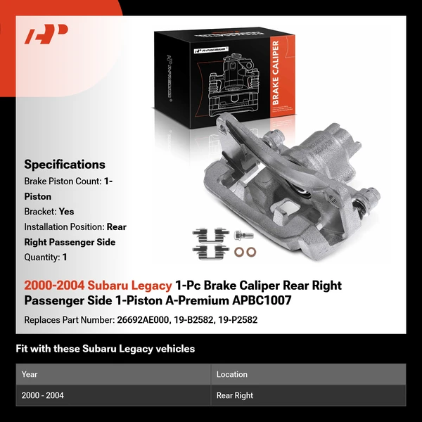 2000-2004 Subaru Legacy 1-Pc Brake Caliper Rear Right Passenger Side 1-Piston A-Premium APBC1007