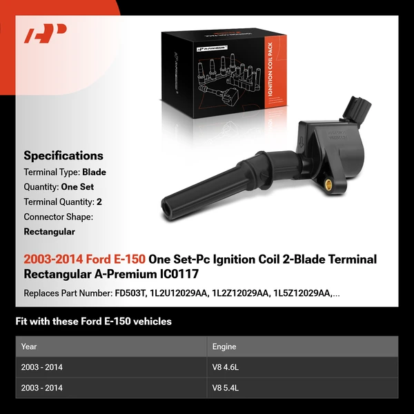 2003-2014 Ford E-150 One Set-Pc Ignition Coil 2-Blade Terminal Rectangular A-Premium IC0117