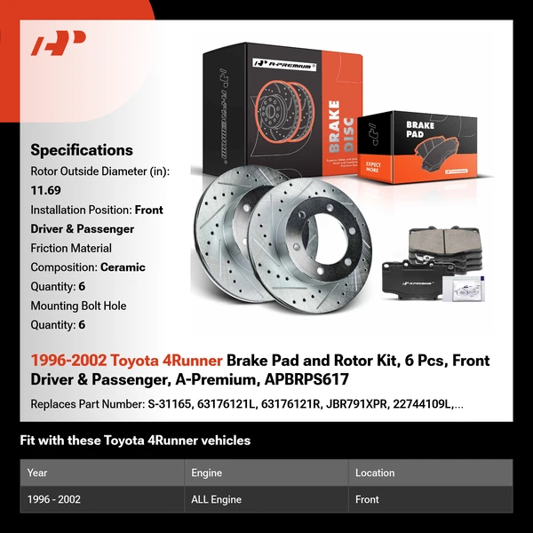 1996-2002 Toyota 4Runner Brake Pad and Rotor Kit, 6 Pcs, Front Driver & Passenger, A-Premium, APBRPS617