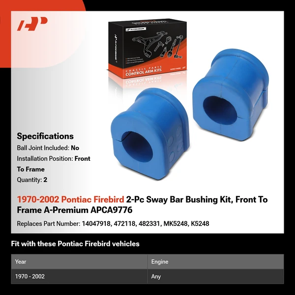1970-2002 Pontiac Firebird 2-Pc Sway Bar Bushing Kit, Front To Frame A-Premium APCA9776