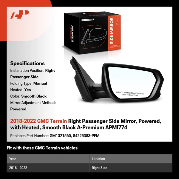 2018-2022 GMC Terrain Right Passenger Side Mirror, Powered, with Heated, Smooth Black A-Premium APMI774