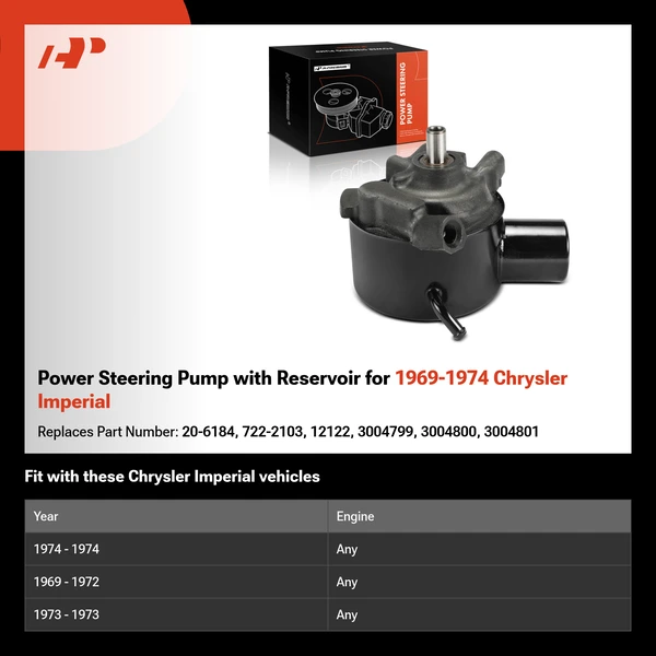 Power Steering Pump with Reservoir for 1969-1974 Chrysler Imperial