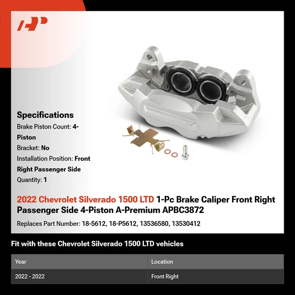 2022 Chevrolet Silverado 1500 LTD 1-Pc Brake Caliper Front Right Passenger Side 4-Piston A-Premium APBC3872