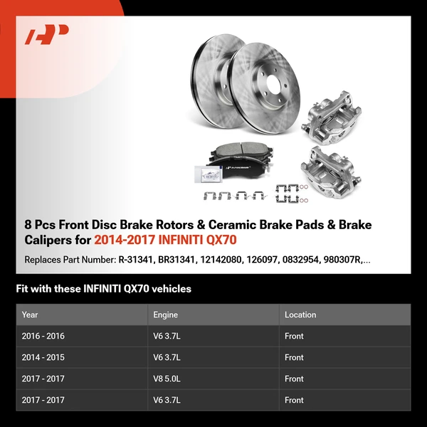 8 Pcs Front Disc Brake Rotors & Ceramic Brake Pads & Brake Calipers for 2014-2017 INFINITI QX70