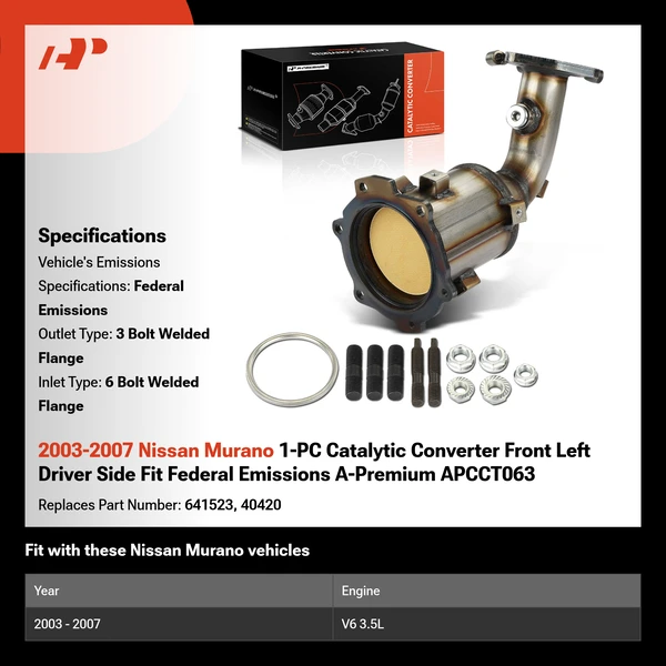 2003-2007 Nissan Murano 1-PC Catalytic Converter Front Left Driver Side Fit Federal Emissions A-Premium APCCT063
