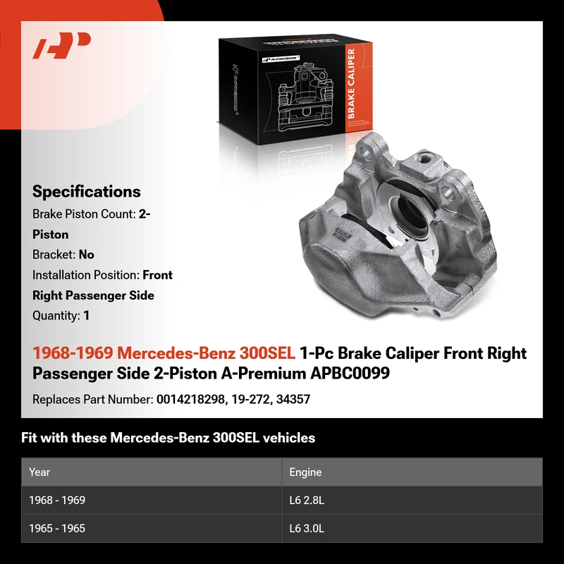 1968-1969 Mercedes-Benz 300SEL 1-Pc Brake Caliper Front Right Passenger Side 2-Piston A-Premium APBC0099