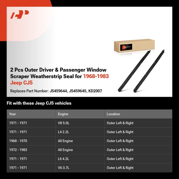 2 Pcs Outer Driver & Passenger Window Scraper Weatherstrip Seal for 1968-1983 Jeep CJ5
