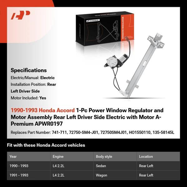 1990-1993 Honda Accord 1-Pc Power Window Regulator and Motor Assembly Rear Left Driver Side Electric with Motor A-Premium APWR0197