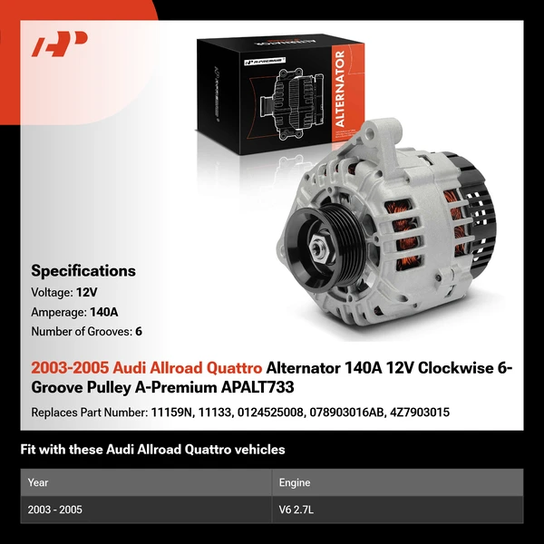 2003-2005 Audi Allroad Quattro Alternator 140A 12V Clockwise 6-Groove Pulley A-Premium APALT733
