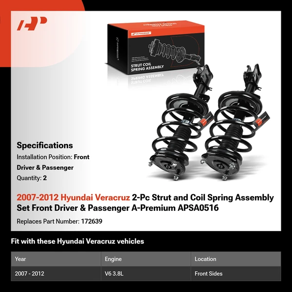 2007-2012 Hyundai Veracruz 2-Pc Strut and Coil Spring Assembly Set Front Driver & Passenger A-Premium APSA0516