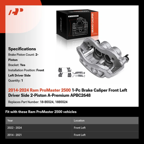 2014-2024 Ram ProMaster 2500 1-Pc Brake Caliper Front Left Driver Side 2-Piston A-Premium APBC2648