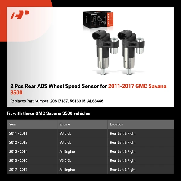 2 Pcs Rear ABS Wheel Speed Sensor for 2011-2017 GMC Savana 3500