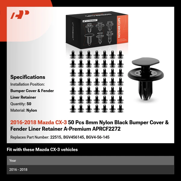 2016-2018 Mazda CX-3 50 Pcs 8mm Nylon Black Bumper Cover & Fender Liner Retainer A-Premium APRCF2272
