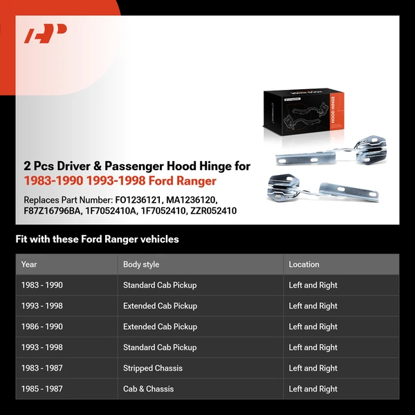 2 Pcs Driver & Passenger Hood Hinge for 1983-1990 1993-1998 Ford Ranger