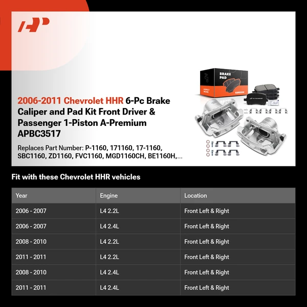 2006-2011 Chevrolet HHR 6-Pc Brake Caliper and Pad Kit Front Driver & Passenger 1-Piston A-Premium APBC3517