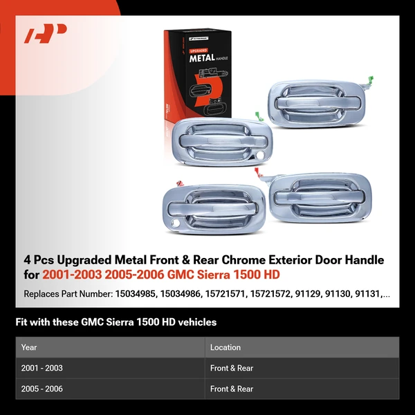 4 Pcs Upgraded Metal Front & Rear Chrome Exterior Door Handle for 2001-2003 2005-2006 GMC Sierra 1500 HD