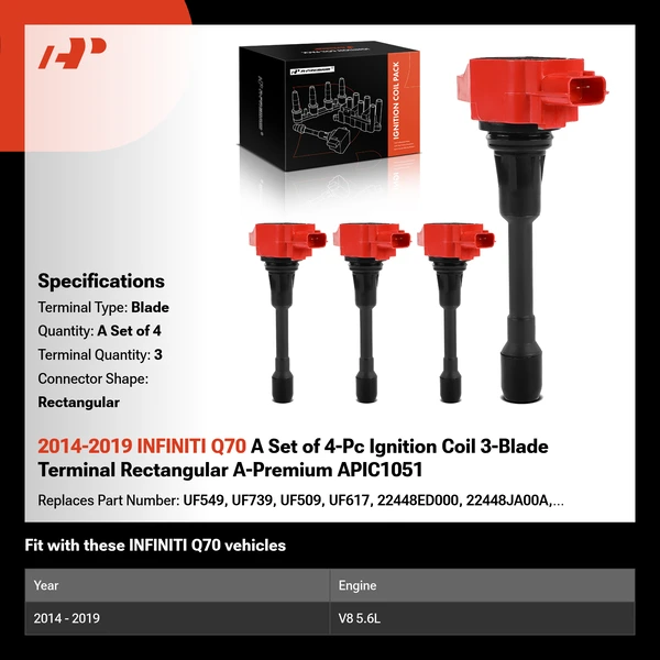 2014-2019 INFINITI Q70 A Set of 4-Pc Ignition Coil 3-Blade Terminal Rectangular A-Premium APIC1051