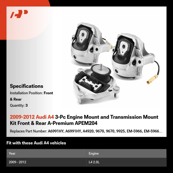 2009-2012 Audi A4 3-Pc Engine Mount and Transmission Mount Kit Front & Rear A-Premium APEM204