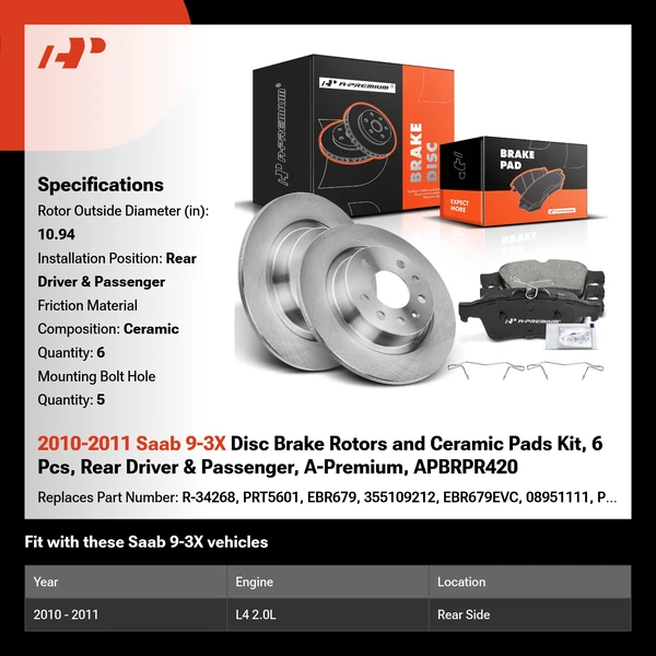 2010-2011 Saab 9-3X Disc Brake Rotors and Ceramic Pads Kit, 6 Pcs, Rear Driver & Passenger, A-Premium, APBRPR420