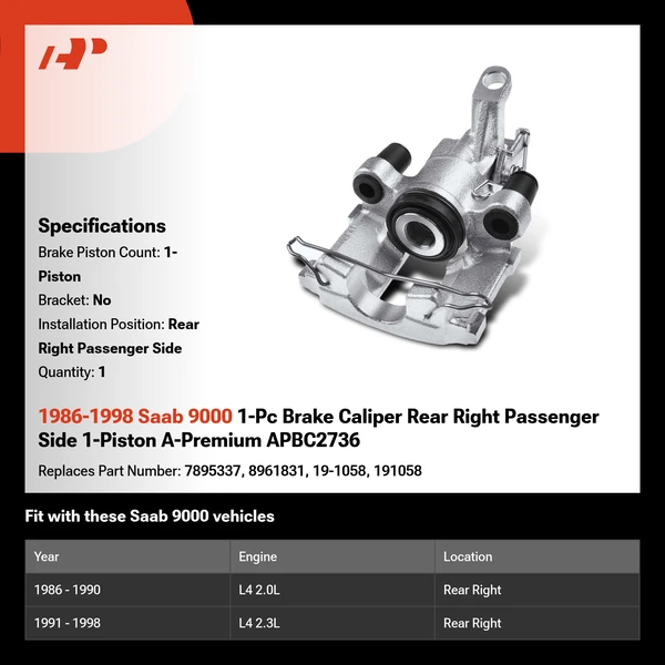 1986-1998 Saab 9000 1-Pc Brake Caliper Rear Right Passenger Side 1-Piston A-Premium APBC2736