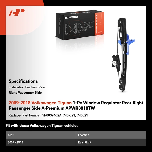 2009-2018 Volkswagen Tiguan 1-Pc Window Regulator Rear Right Passenger Side A-Premium APWR3818TW