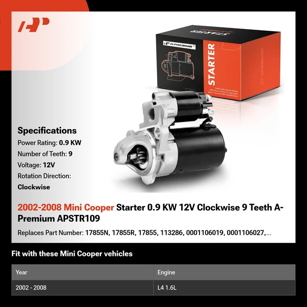 2002-2008 Mini Cooper Starter 0.9 KW 12V Clockwise 9 Teeth A-Premium APSTR109