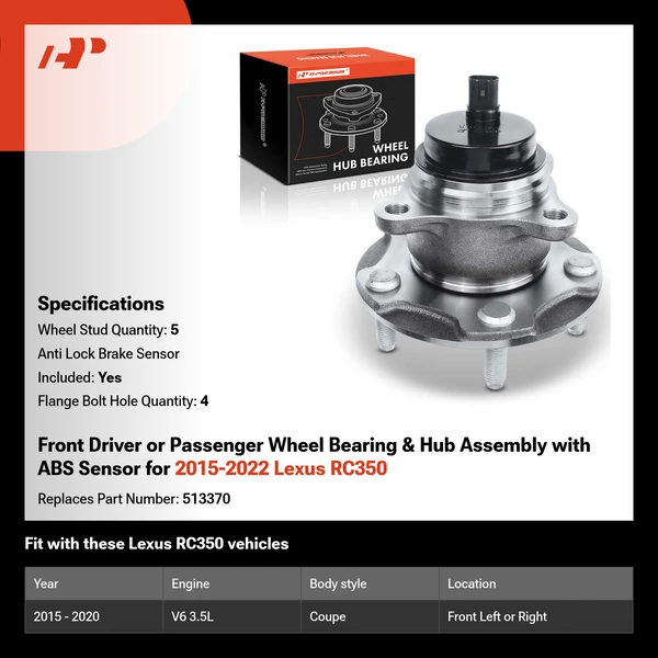 Front Driver or Passenger Wheel Bearing & Hub Assembly with ABS Sensor for 2015-2022 Lexus RC350