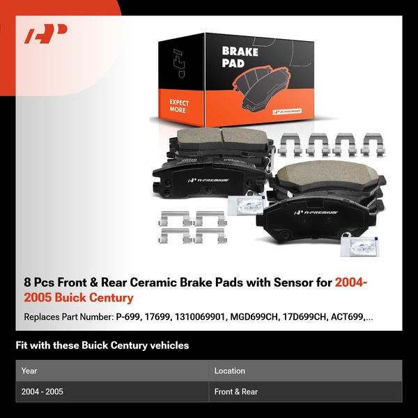 8 Pcs Front & Rear Ceramic Brake Pads with Sensor for 2004-2005 Buick Century