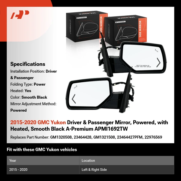 2015-2020 GMC Yukon Driver & Passenger Mirror, Powered, with Heated, Smooth Black A-Premium APMI1692TW