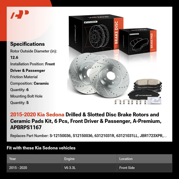 2015-2020 Kia Sedona Drilled & Slotted Disc Brake Rotors and Ceramic Pads Kit, 6 Pcs, Front Driver & Passenger, A-Premium, APBRPS1167