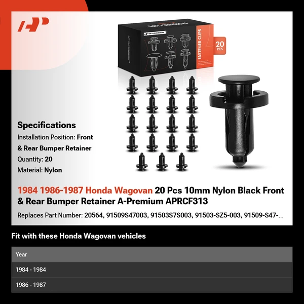 1984 1986-1987 Honda Wagovan 20 Pcs 10mm Nylon Black Front & Rear Bumper Retainer A-Premium APRCF313