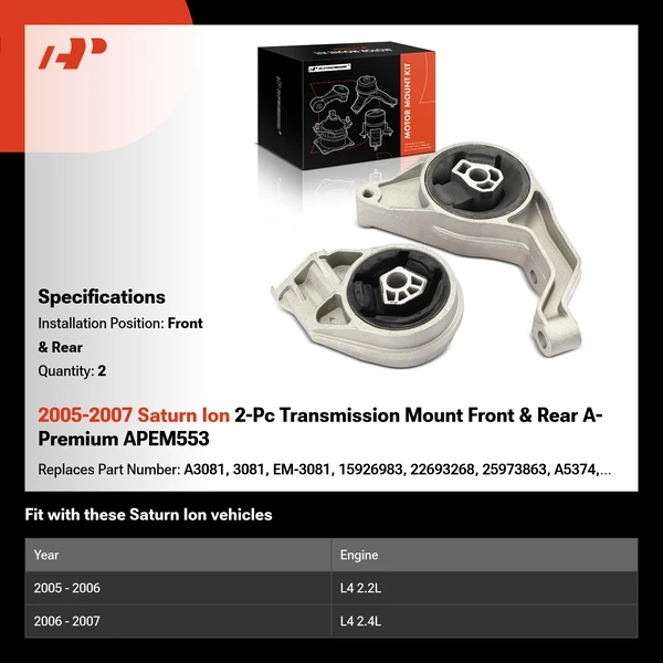 2005-2007 Saturn Ion 2-Pc Transmission Mount Front & Rear A-Premium APEM553