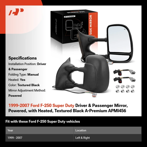 1999-2007 Ford F-250 Super Duty Driver & Passenger Mirror, Powered, with Heated, Textured Black A-Premium APMI456