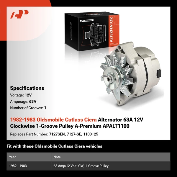 1982-1983 Oldsmobile Cutlass Ciera Alternator 63A 12V Clockwise 1-Groove Pulley A-Premium APALT1100